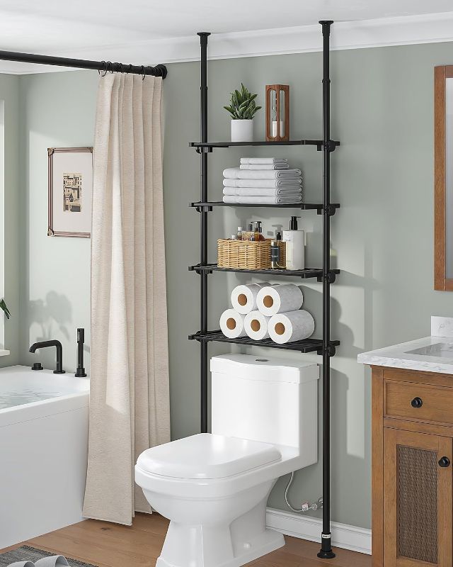 Photo 1 of  ALLZONE Adjustable Over The Toilet Storage Shelf, 4-Tier Ample Over Toilet Bathroom Organizer and Storage,Tension Mounted Above Toilet Storage Cabinet for Versatility, Fits 64-113 Inch Heights, Black 