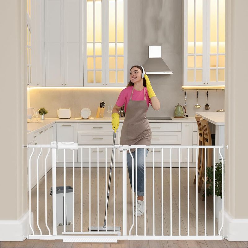 Photo 1 of  Extra Wide Baby Gate Extra Tall Dog Gate for Stairs Doorways White Metal Tension Child Pet Safety Gates with Pressure Mount 62-67 Inch (White) 