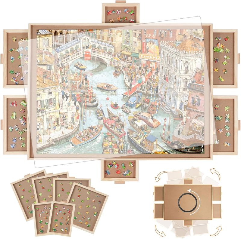 Photo 1 of 1500 Pieces Rotating Puzzle Board with 6 Drawers,26"x35" Portable Wooden Jigsaw Puzzle Board with Lazy Susan Spinning Cover for Adults
