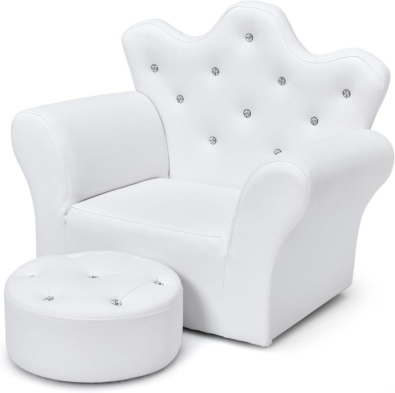 Photo 1 of  GLACER Kids Sofa with Ottoman, Kids White Couch with Embedded Crystal & PVC Leather, Upholstered Child’s Crown-Back Armchair, Baby Sofa Chair Seat Furniture, Princess Chair for Toddler Girls(White) 