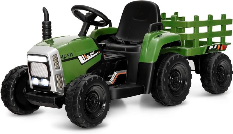 Photo 1 of  Costzon Ride on Tractor with Detachable Trailer, 12V Kids' Electric Vehicles w/3-Gear-Shift Ground Loader, Wireless Design & USB, 7 LED Headlights, Remote Control Tractor Toy for Kids 3+ (Dark Green) 