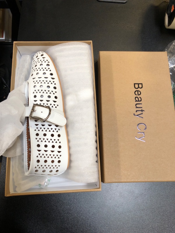 Photo 2 of Beauty Cry White Ballet Flats for Women Mesh Comfortable Round Toe Buckle Strap Mary Jane Flats Perforated Faux Leather Fashion Casual Spring Summer 2024 Dressy Ballerina Flat Shoes SIZE 7