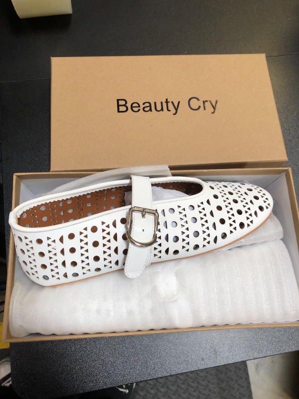 Photo 2 of Beauty Cry White Ballet Flats for Women Mesh Comfortable Round Toe Buckle Strap Mary Jane Flats Perforated Faux Leather Fashion Casual Spring Summer 2024 Dressy Ballerina Flat Shoes SIZE 8.5