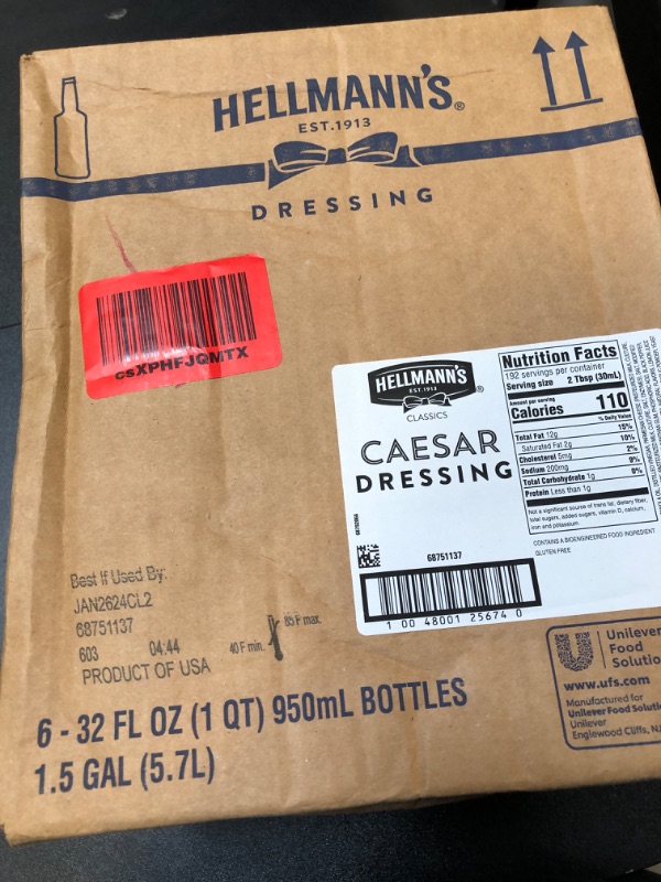 Photo 2 of (Price/Case)Hellmann S 4800125674 Hellmann S Classics Caesar Salad Dressing Salad Bar Bottles 32 Fluid Ounce - 6 per Case expired jan 26 2024 