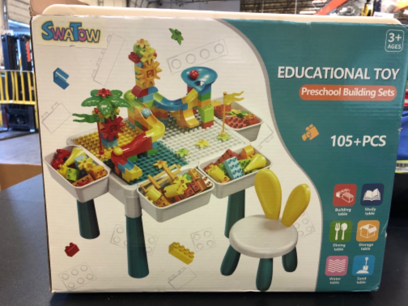 Photo 1 of SWATOW Kids Activity Table, 6-in-1 Play Table Chair Set - Adjustable Height, Storage Box, 105pcs Marble Run Building Blocks, Water and Sand Table Sensory Table Playset Toy Gift for Toddlers