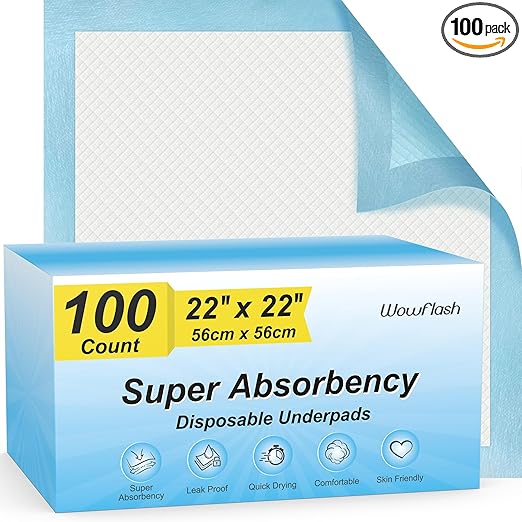 Photo 1 of 100 Count 22” x 22” Super Absorbency Disposable Underpads, Leakproof Quick Drying Disposable Pads for Baby, Puppy and Adults, Puppy Pads, Cat Pee Pads for Dogs, Potty Puppy Training Pads