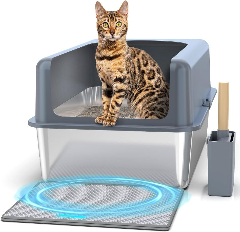 Photo 1 of Stainless Steel Litter Box High Sides, Extra Large XL Cat Litter Box Enclosure for Big Multiple Cats with Lid, Metal Litter Pan Tray, Non-Sticky, Include Litter Mat & Scoop
