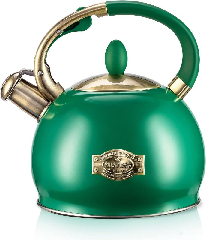 Photo 1 of SUSTEAS Stove Top Whistling Tea Kettle - Food Grade Stainless Steel Teakettle Teapot with Cool Touch Ergonomic Handle,1 Free Silicone Pinch Mitt Included,2.64 Quart (Green)
