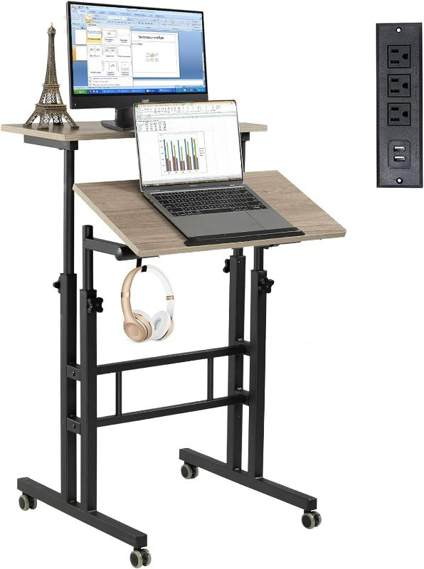 Photo 1 of Hadulcet Mobile Standing Desk with Charging Station, Adjustable Standing Computer Desk, Standing Adjustable Laptop Cart with Wheels for Home Office Classroom Light Grey
