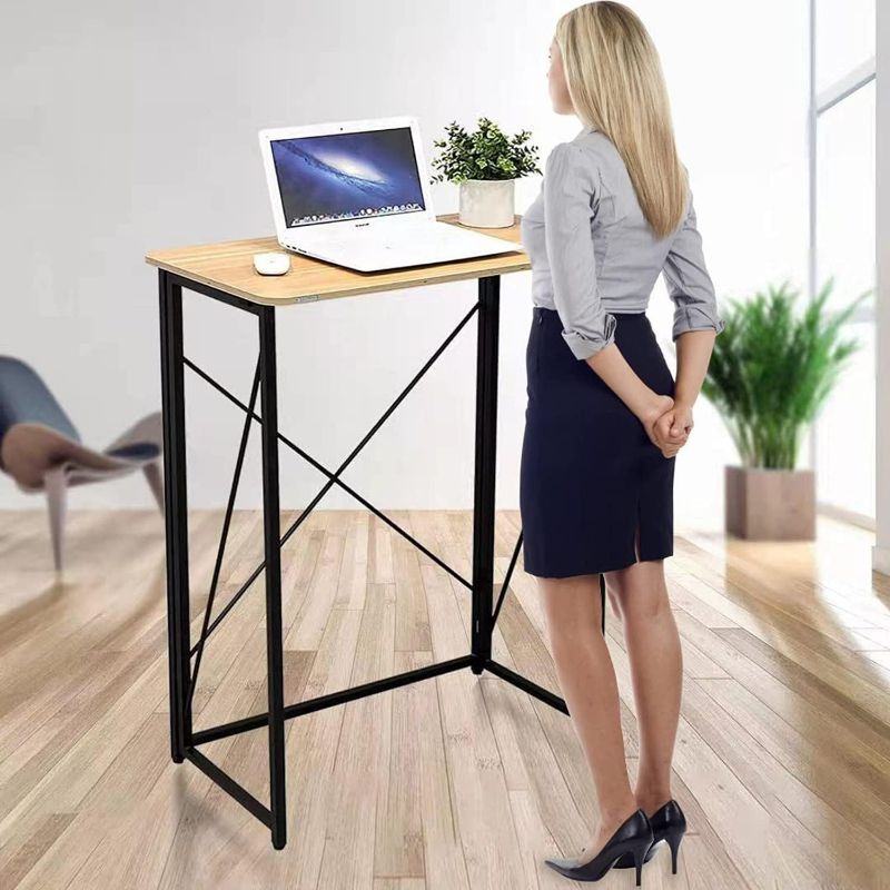 Photo 1 of Folding Laptop Computer Desk, Standing Desk, 31in Small Desk for Sitting or Standing, No Need to Assembly, Suitable for Home, Office, Writing (Wood Board Color)
