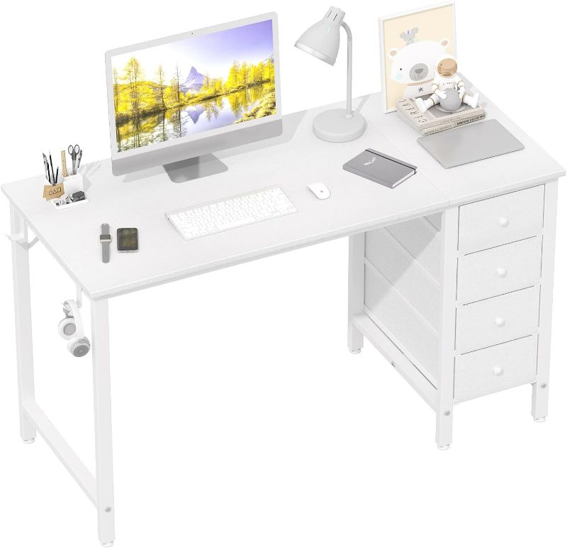 Photo 1 of Lufeiya White Computer Desk with Drawers - 47 Inch Study Work Writing Desk for Home Office Bedroom, Simple Modern Cute PC Desks with Fabric Drawer, White
