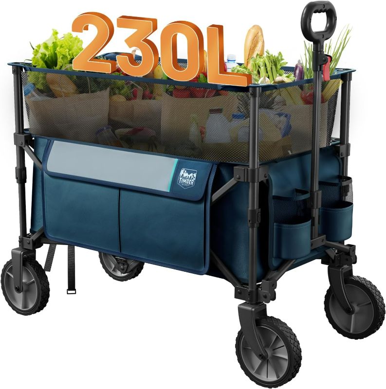 Photo 1 of TIMBER RIDGE 8 Cu.ft. Extra Large Capacity Collapsible Folding Wagon Carts, Heavy Duty Outdoor Camping Utility Wagons with Extended Height, Adjustable Handle, Cup Holders(Blue)
