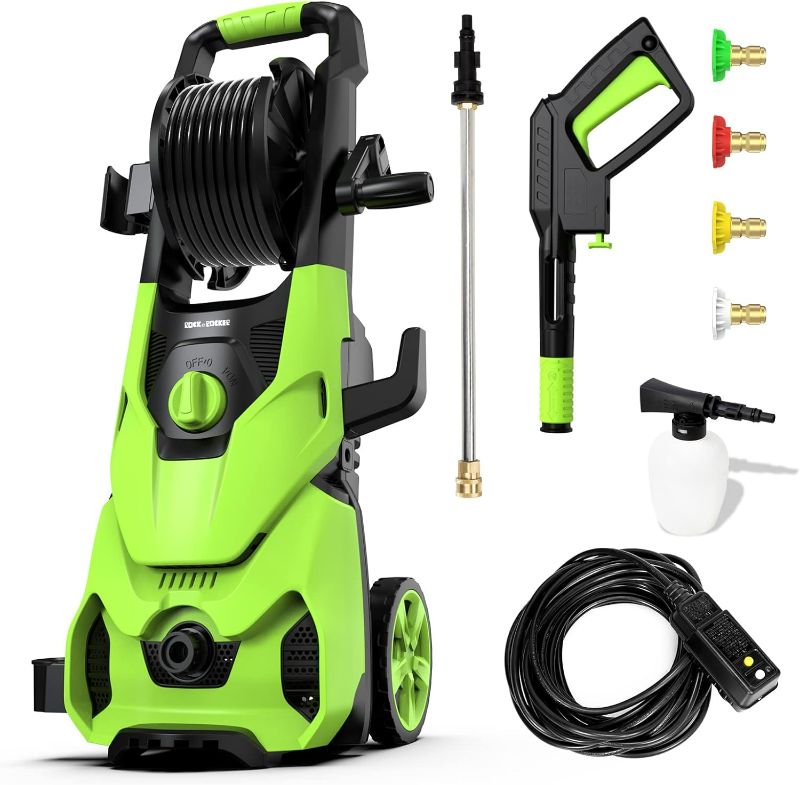 Photo 1 of Rock&Rocker Powerful Electric Pressure Washer, 2150PSI Max 2.6 GPM Power Washer with Hose Reel, 4 Quick Connect Nozzles, Soap Tank, IPX5 Car Wash Machine/Car/Driveway/Patio Clean, Green
