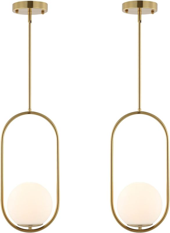 Photo 1 of BYOLIIMA Modern Gold Globe Pendant Light Mid Century Chandelier 1-Light Brushed Brass Ceiling Hanging Lighting Fixture with White Globe Glass Lampshade for Kitchen Island Dining Room Bedroom (2 Pack)
