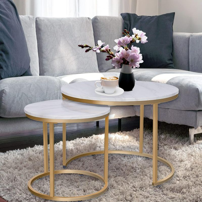 Photo 1 of VILAWLENCE Round Coffee Table Set of 2 Modern Nesting Golden Frame Circular and Marble Pattern Wooden Stacking Accent Coffee Tables Metal Frame for Apartment Living, White
