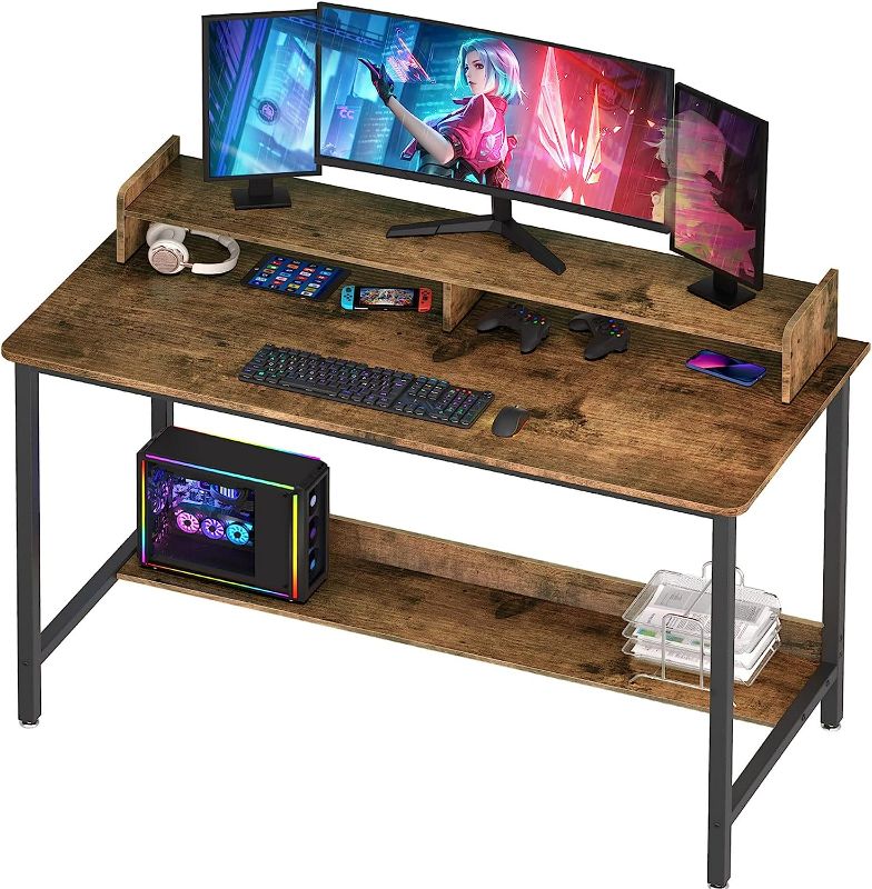 Photo 1 of WOODYNLUX Computer Desk with Shelves, 43 Inch Gaming Writing Desk, Study PC Table Workstation with Storage for Home Office, Living Room, Bedroom, Metal Frame, Rustic.

