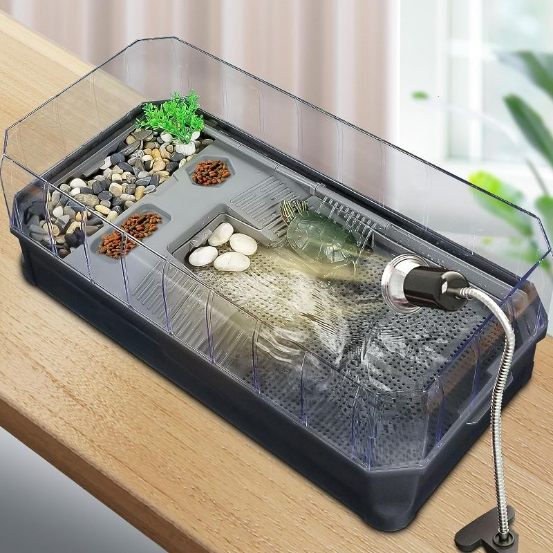 Photo 1 of Binano 25.6''×13''×9.4'' Turtle Aquarium Turtle Tank kit Includes Accessories with Water Filter High Anti-Escape Fence and Large Space, Turtles can be Given a Shower, Habitat for Terrapin Turtles