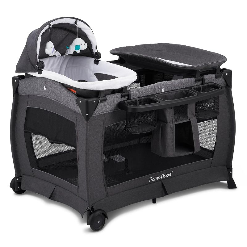 Photo 1 of Pamo Babe Deluxe Nursery Center, Foldable Playard for Baby & Toddler, Bassinet, Mattress, Changing Table for Newborn(Black)
