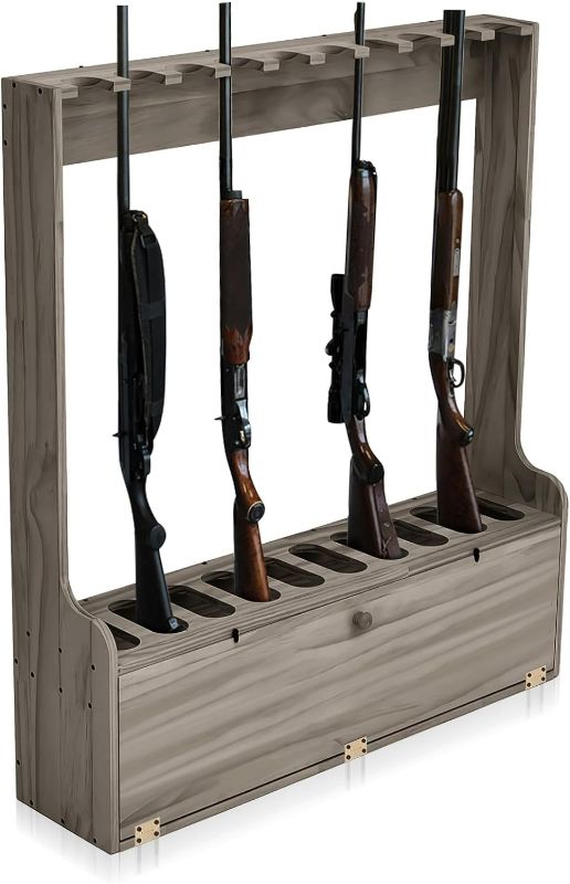 Photo 1 of Soaoo  Rack, Ten Gun Wooden Standing Floor Gun Display Rack, Gun Display Rack with Storage Compartment for Home or Garage Safe Hunting Gun Storage