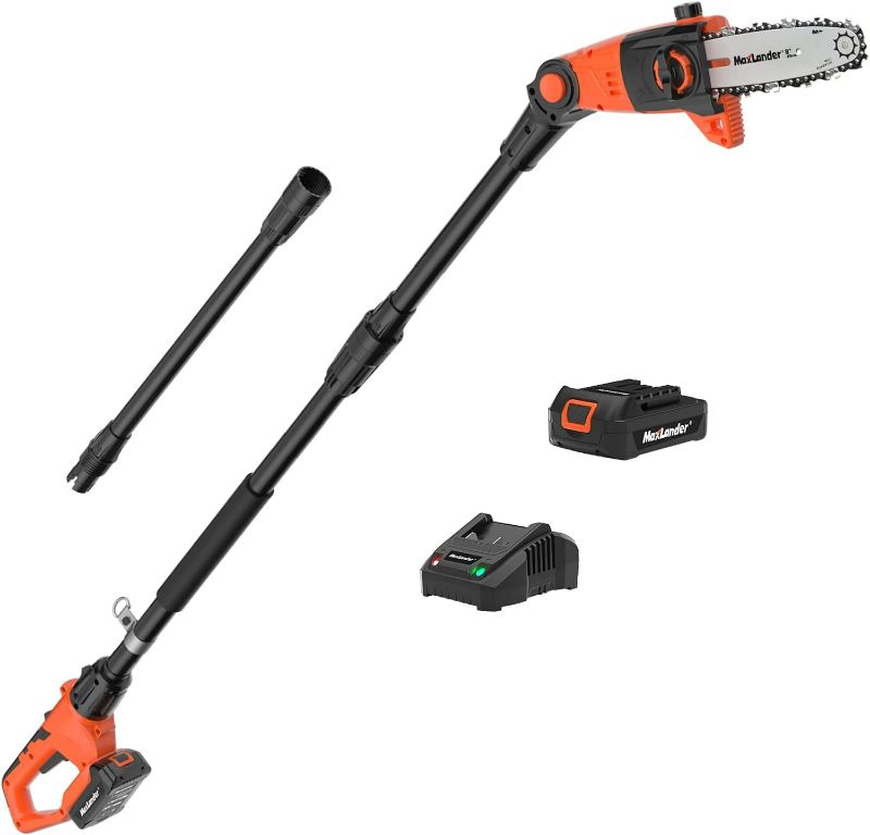 Photo 1 of Pole Saw 8-Inch Cordless Pole Saws for Tree Trimming, 15-Feet MAX Reach Electric Pole Saw, 16ft/s Cutting Speed Auto Oiling Multi-Angle Pole Chainsaw with 20V 2.0Ah Battery & Charger
