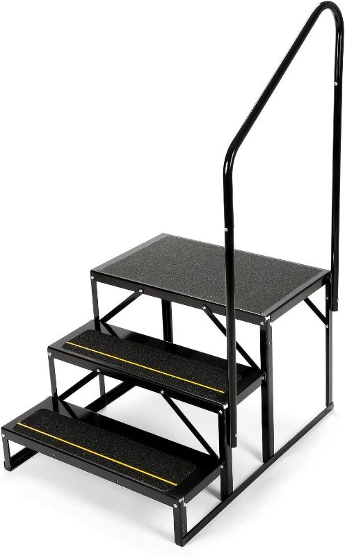Photo 1 of HECASA 660 LBS Universal Stairs Three Steps for RV, Travel Trailer, Camper Trailer, Porch w/Side Load Hand Rails, Hot Tub Steps, Spa Ladder Support Outdoor Ladder Stairs
