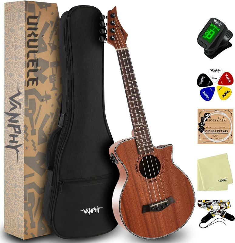Photo 1 of VANPHY Electric Tenor Ukulele for beginners, Acoustic-Electric Ukelele 26 inch Adults Starter, Professional Electric Tenor uke Bundle with gig bag Tuner Strap String picks (Tenor-EQ)

