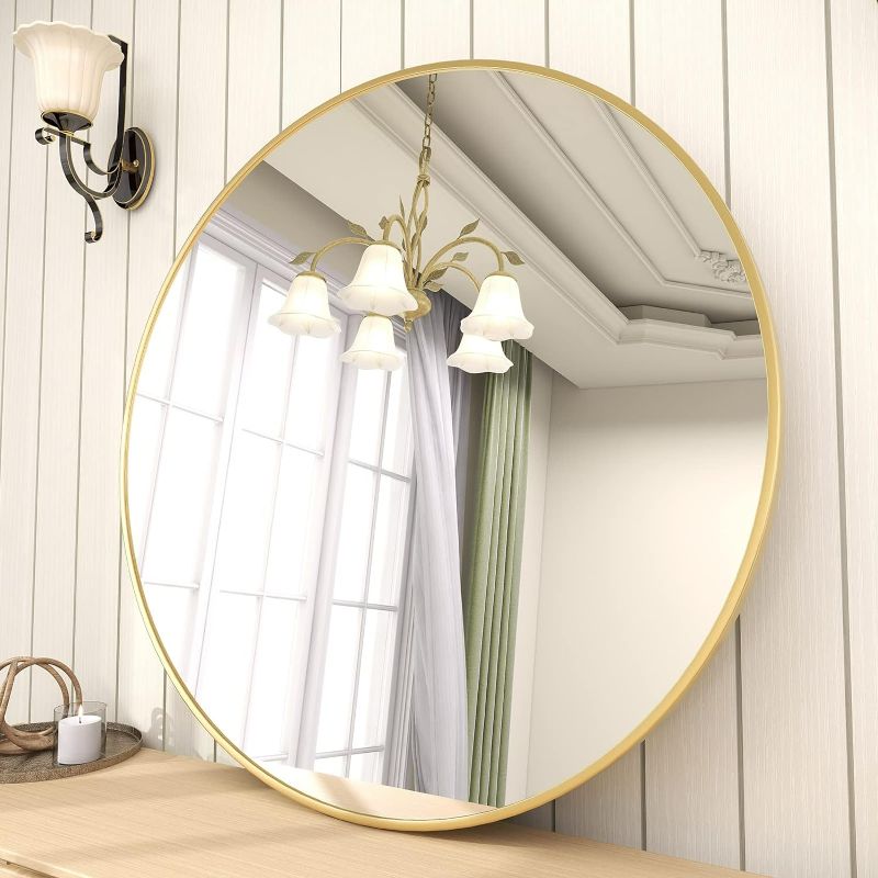 Photo 1 of BEAUTYPEAK 24 Inch Round Mirror, Gold Metal Frame Circle Mirror, Wall Mirror for Entryway, Bathroom, Vanity, Living Room, Gold Circle Mirror
