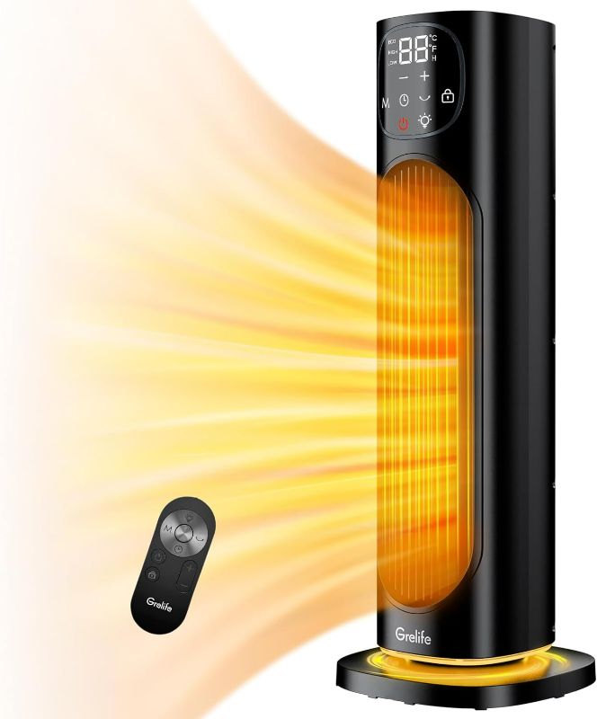 Photo 1 of Grelife Space Heater, Portable Heater for Indoor Use, 1500W Fast Quiet Heating Heater with Night Light, Remote, 75° Oscillation, Safety Protection, ECO Mode, 12H Timer, Thermostat, Office, Home, 24 IN
