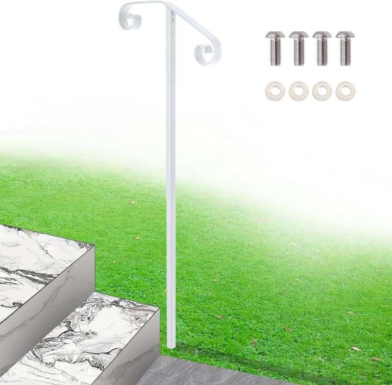 Photo 1 of Aatrixkit Handrail Railing Single Post Handrail - Grab Rail Single Post Railing, Wrought Iron Post Mount Step Grab Supports in Ground Long Post Fits 1 or 2 Steps, White

