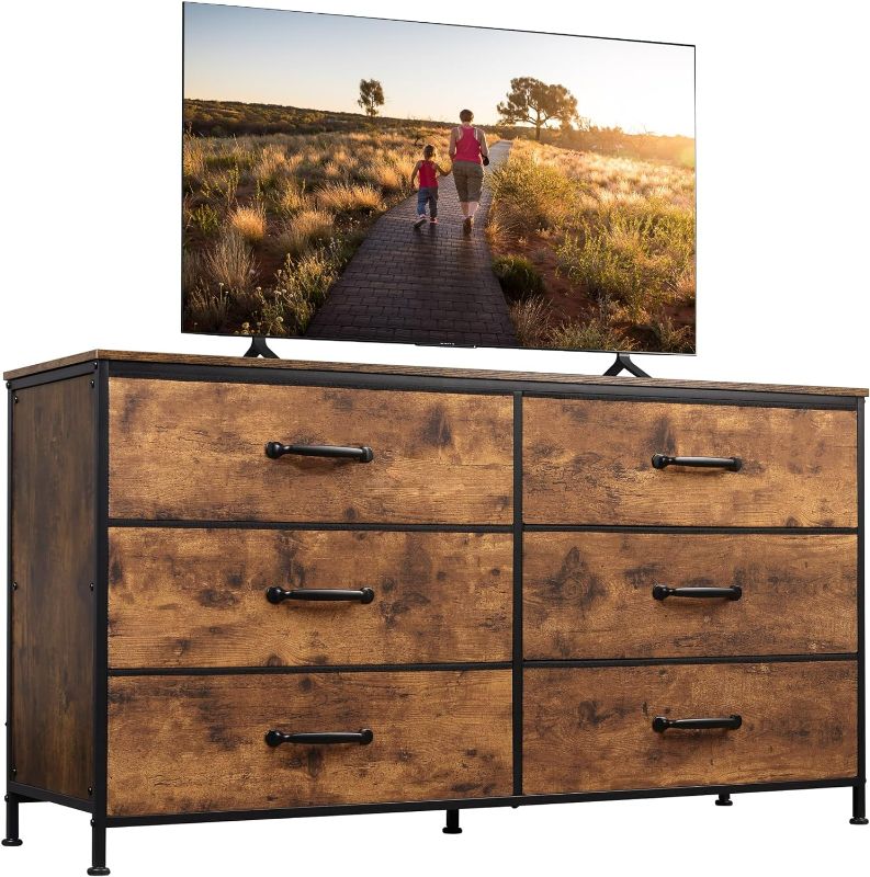 Photo 1 of WLIVE Wide Fabric Dresser, 6 Drawer Dresser TV Stand for 60" TV, Dressers Bedroom Furniture Large Storage Tower Unit with Fabric Bins, Dresser for Bedroom, Closet, Hallway, Rustic Brown
