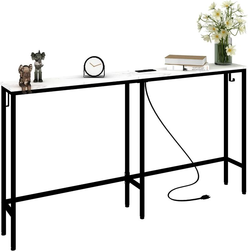 Photo 1 of Leomonio 7.9” Narrow Console Table with Outlet, 60” Skinny Sofa Table Narrow Long Behind Couch, Industrial Narrow Table with Hooks for Hallway, Entryway and Living Room

