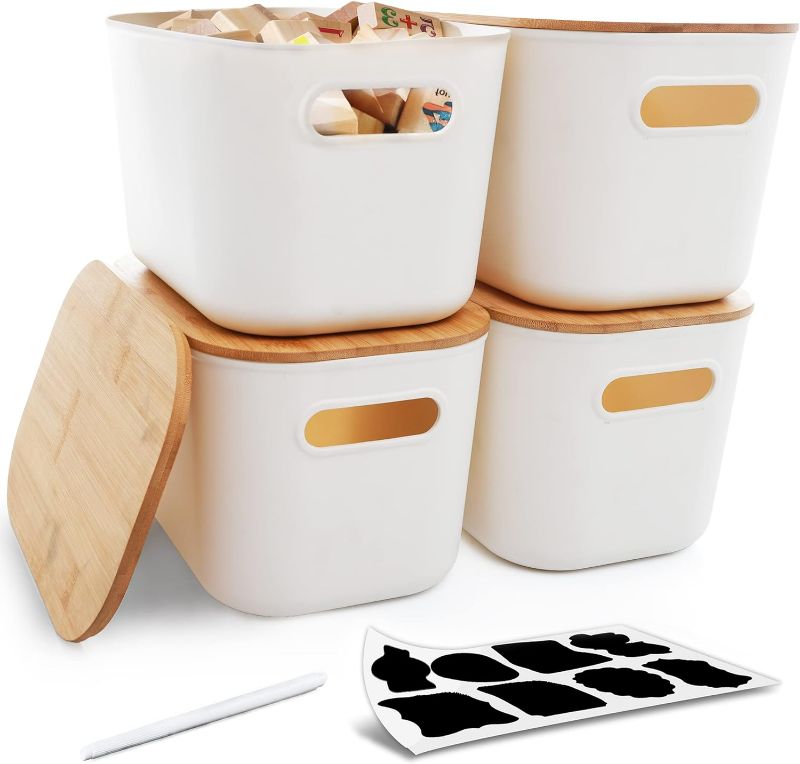 Photo 1 of Citylife 4 PCS Storage Bins with Bamboo Lids Plastic Storage Containers for Organizing Stackable Storage Box with Handle, 10.23 x 7.08 x 6.3 inch
