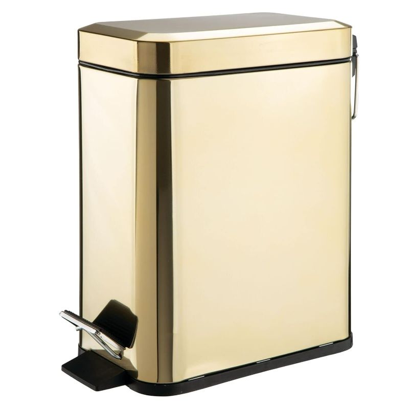 Photo 1 of mDesign Small Modern 1.3 Gallon Rectangle Metal Lidded Step Trash Can, Compact Garbage Bin with Removable Liner Bucket and Handle for Bathroom, Kitchen, Craft Room, Office, Garage - Soft Brass
