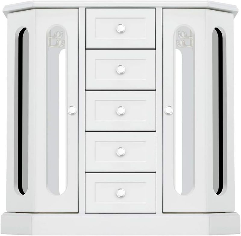 Photo 1 of RR ROUND RICH DESIGN Jewelry Box - Made of Solid Wood with Cabinet Type 5 Drawers Organizer and 2 Separated Open Doors on 2 Sides and Large Mirror White
