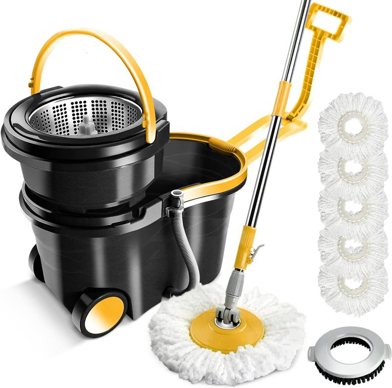 Photo 1 of MASTERTOP Spin Mop Bucket with Wringer Set, Floor Mop with 2 Wheels, Stainless Steel Adjustable Handle, 5 Microfiber Washable Mop Refills, 1 Floor Brush, Laminate, Hardwood, Tiles
