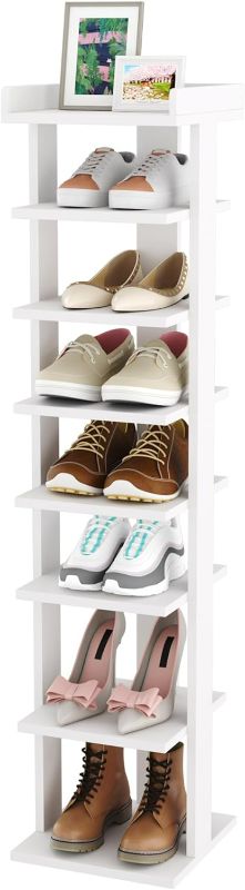 Photo 1 of HOMEFORT 7-Tier Wood Shoe Rack, Entryway Shoe Tower,Vertical Shoe Organizer, Wooden Shoe Storage Stand(White)
