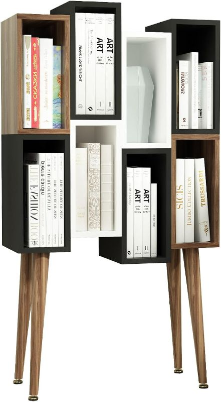 Photo 1 of Arts wish Modern Bookshelf 8 Cube Modern Bookcase with Legs Mid Century Bookshelf Leg Bookcase Floor Standing Bookcase for Living Room Home Office Bedroom, Walnut
