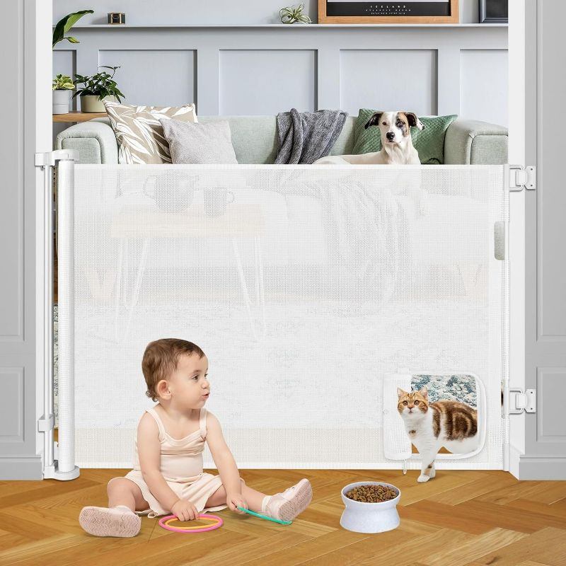 Photo 1 of Retractable Baby Gate with Cat Door 55" Wide Baby Gate Indoor Retractable Dog Gate Outdoor Retractable Gate Pet Gates with Walk Through Door Gate Cat Gate for Doorway Baby Gate for Stairs, White

