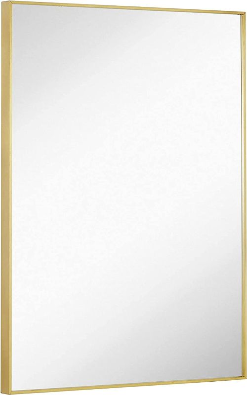 Photo 1 of Hamilton Hills 22x30 inch Metal Framed Brushed Gold Rectangular Mirror | Simple Edge Bathroom Mirrors for Wall | Decorative Entryway Squared Corners Mirror | Hangs Horizontally and Vertically
