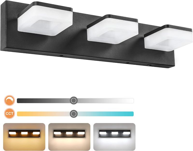 Photo 1 of 3 Colors Dimmable Black Bathroom Light Fixtures over Mirror LED Vanity Lights for Bathroom Acrylic Stainless Steel 3 Light Bathroom Vanity Light Fixtures, Adjustable 3000K/4000K/6000K, 360° Rotate
