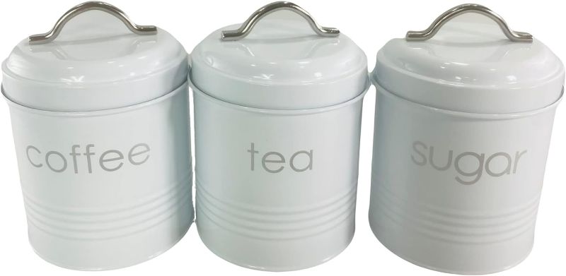 Photo 1 of Elle Decor 3 Piece Chrome Canister Set for Kitchen Countertop- Includes Coffee, Tea & Sugar Airtight Storage Containers For Freshness- Elegant White Jars with Metal Handles- Farmhouse Kitchen Decor