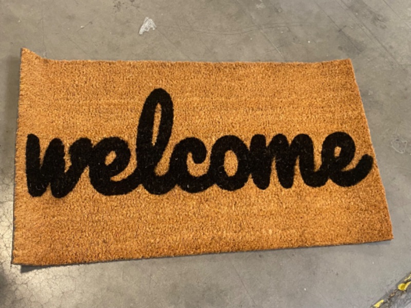 Photo 2 of Welcome Coir Door Mat, 18" x 30" x 0.5", Non Slip Backing, Elegant Front Door Welcome Entrance Mat, Natural, Indoor Outdoor, Low Profile, Easy to Clean, Great for Entry Ways, Patios,