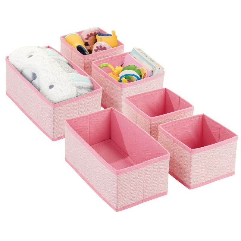 Photo 1 of Fabric Drawer Organizers for Baby + Kids - Multiple Sizes in Pink Herringbone, 12" X 7" X 4", by MDesign
