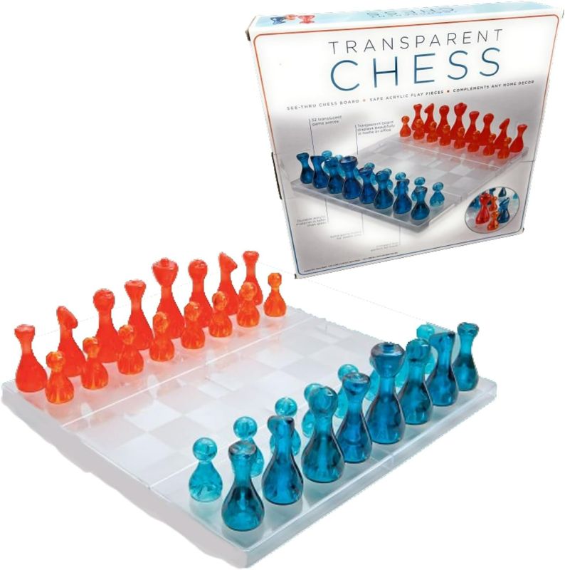 Photo 1 of Board Games - Premium Transparent Chess Board with 32 Translucent Game Pieces. Acrylic Chess Game Set, Compact Size for Travel, Chess Sets for Adults, Chess Set for Kids - for Home or Office Décor
