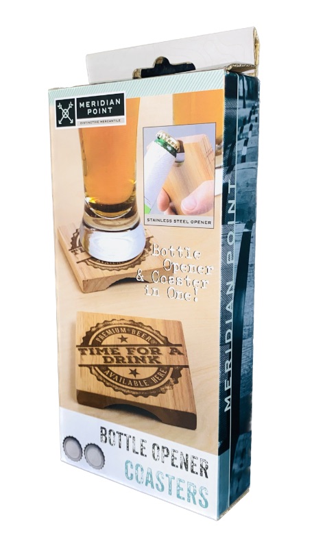 Photo 1 of 4 Pack 2 In 1 Beer Opener And Wood Coaster Set - Value Pack of 4 With Stainless Steel Beer Bottle Opener