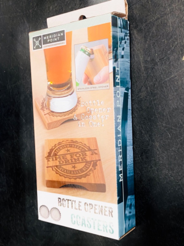 Photo 2 of 4 Pack 2 In 1 Beer Opener And Wood Coaster Set - Value Pack of 4 With Stainless Steel Beer Bottle Opener
