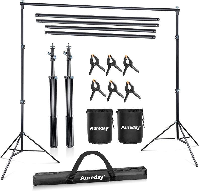 Photo 1 of Aureday Backdrop Stand, 10x8.5ft Adjustable Photo Backdrop Stand for Parties, Heavy Duty Background Stand with Travel Bag, 6 Backdrop Clamps, 4 Crossbars, 2 Sandbags for Wedding/Decorations/Photoshoo