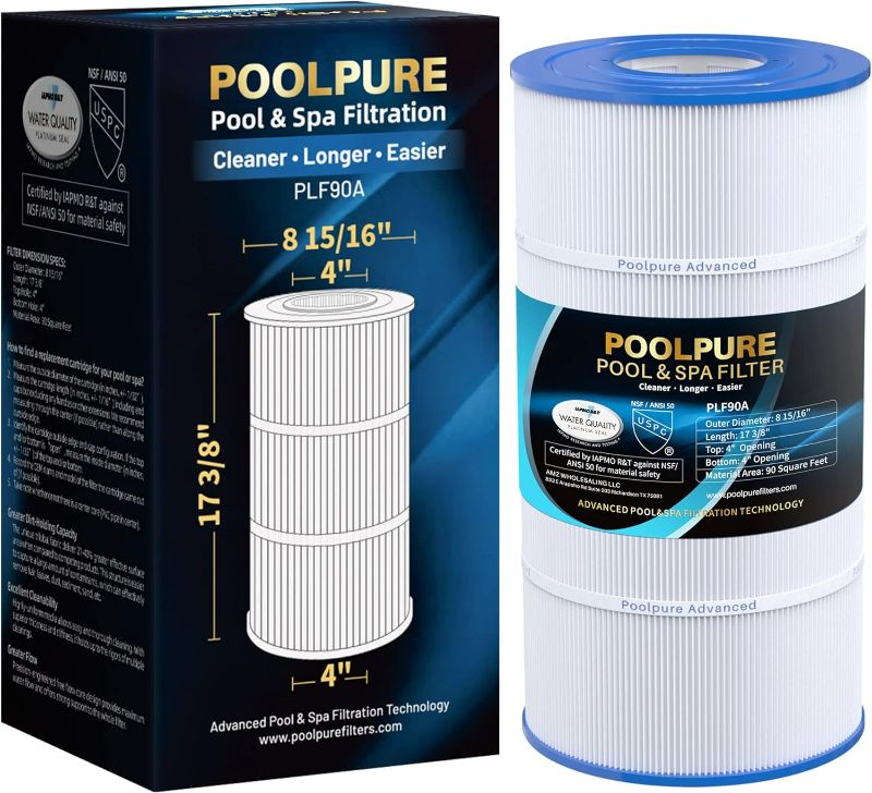Photo 1 of POOLPURE PLF90A Pool Filter Replaces Hayward C900, CX900RE, Pleatco PA90, Ultral-B6, Unicel C-8409, Filbur FC-1292, Sta-Rite PXC95, 90 sq.ft, L x OD: 17 3/8" x 8 15/16" 1 Pack