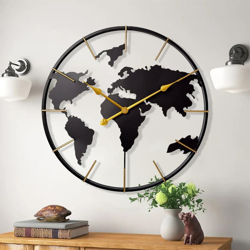 Photo 1 of Large World Map Wall Clock,Metal Minimalist Modern Clock,Round Silent Non-Ticking Battery Operated Wall Clocks for Living Room/Home/Kitchen/Bedroom/Office/Farmhouse Decor (24 Inch)