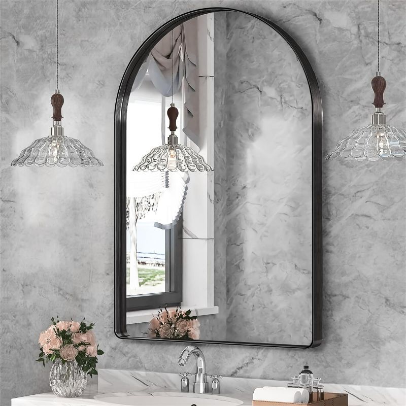 Photo 1 of Bathroom Mirror, 22×30 Inch Wall Mirror for Bathroom Arched Mirrors Brushed Metal Frame Black Bathroom Mirror for Living Room Bedroom Entryway, Horizontal/Vertical